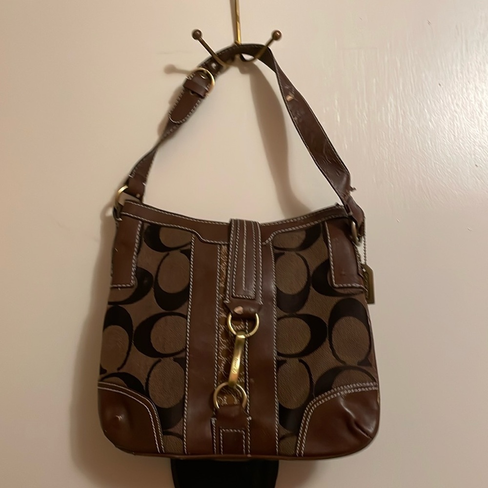 Coach Signature Hampton Canvas Leather Brown Stripe Handbag D0768-11067